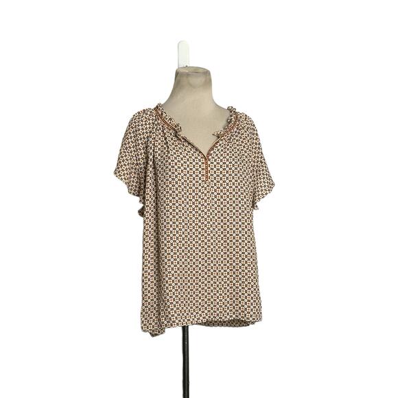 Max Studio pink yellow print short ruffle sleeves blouse size XL - Picture 9 of 11